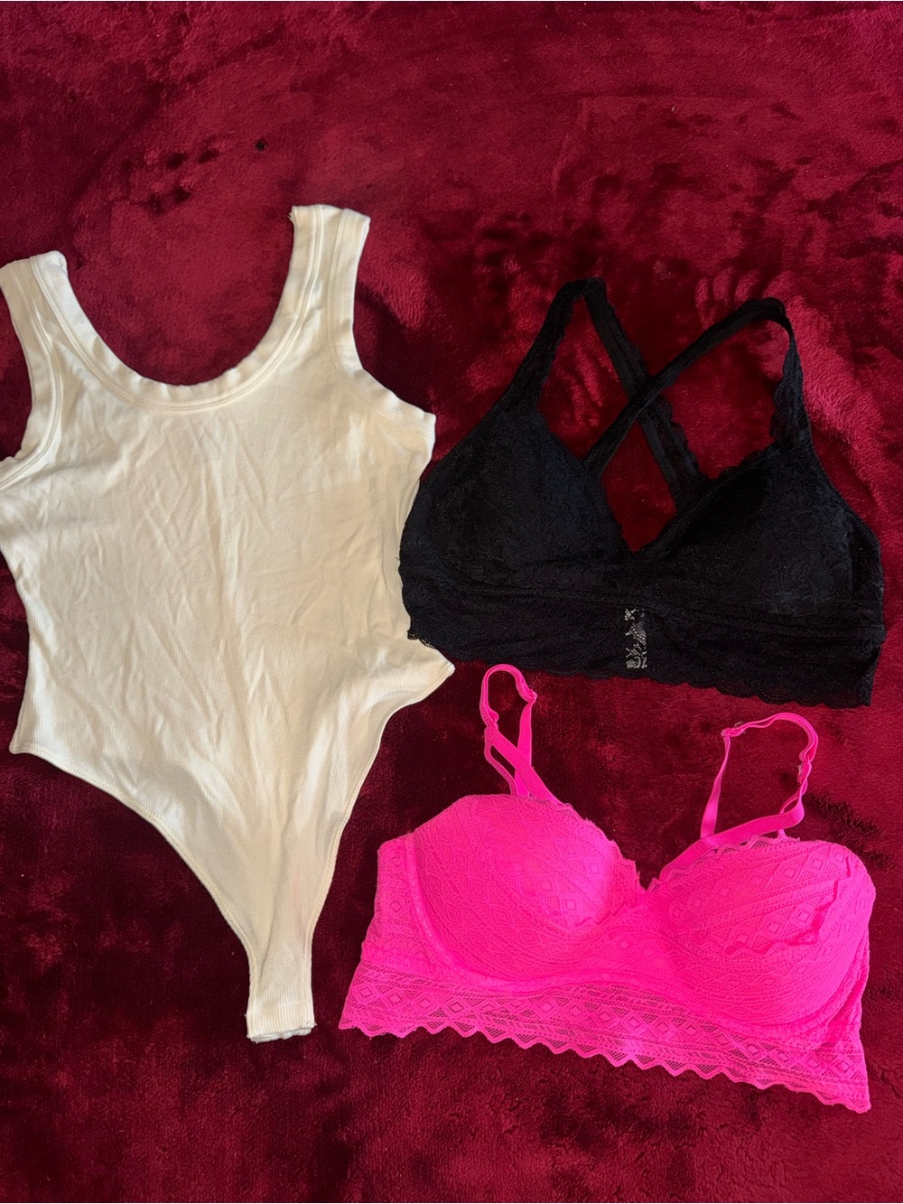 White Mono BBodysuit + Black Lace Bralette + PINK Lace Bralette Set